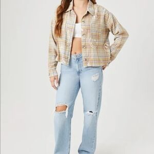 Forever 21 Plaid Button Down Shirt - Tan and Blue